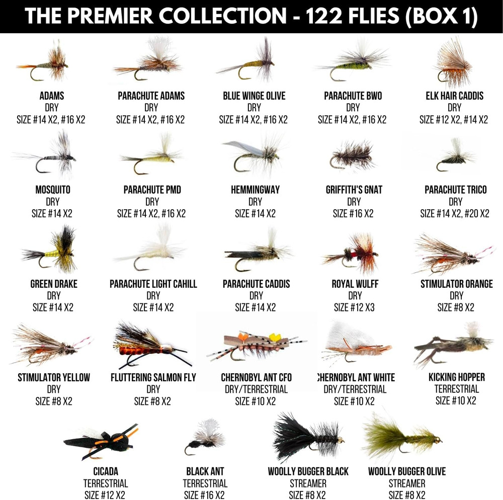 Fly Fishing Flies Assortment Set, 48 Patterns, Sizes 8–20, with Reference Cards