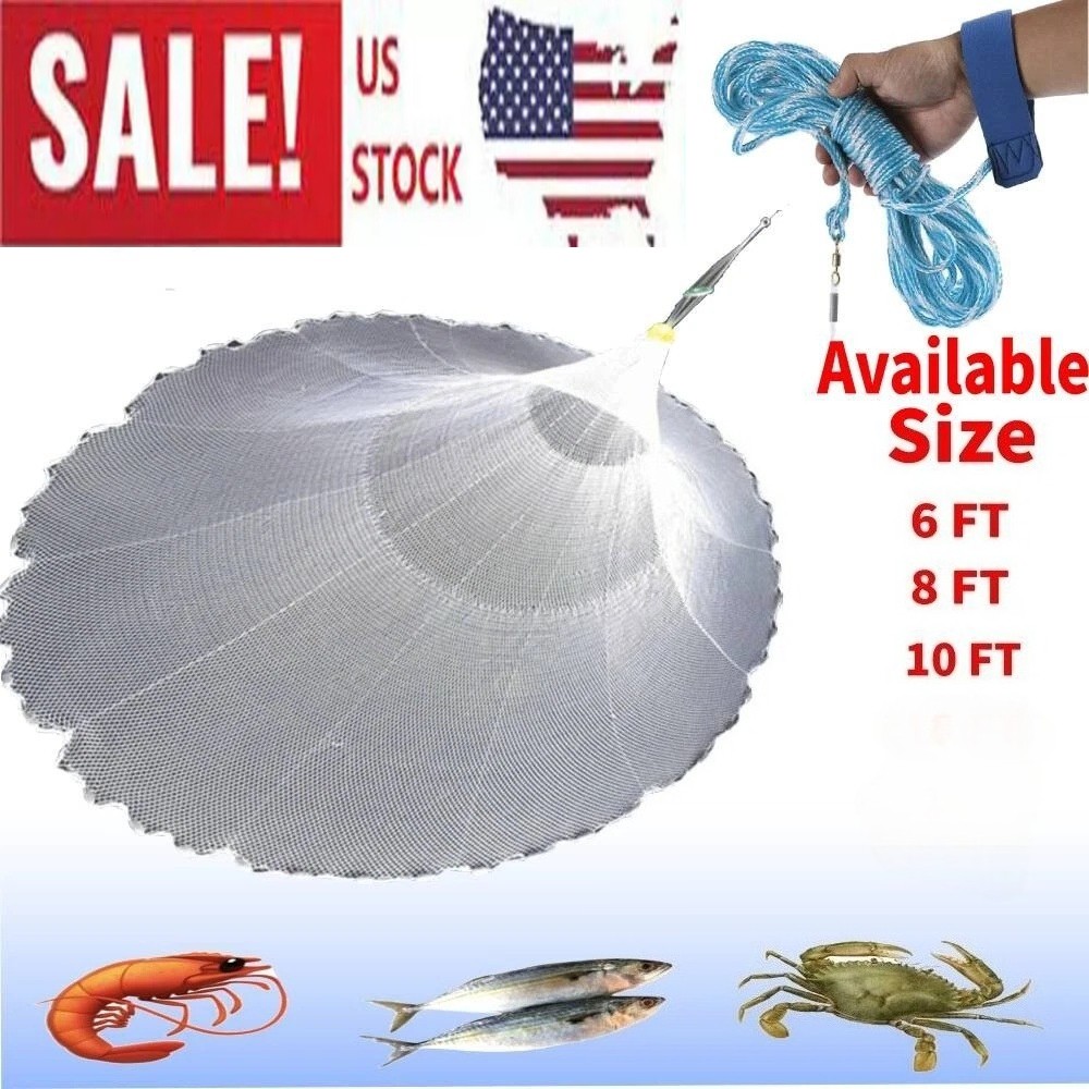NEW 6/8/10FT Fishing Cast Net Bait Easy Throw Hand Cast Strong Nylon Mesh USA