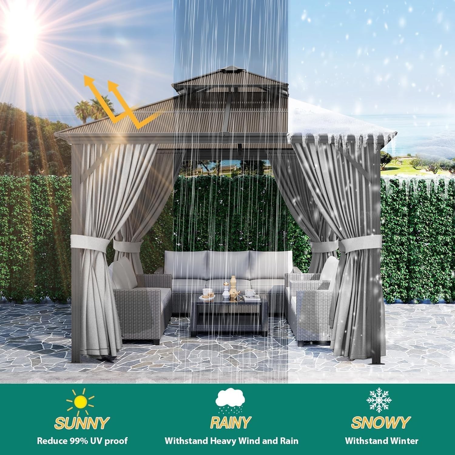 10x13 ft Outdoor Hardtop Gazebo Aluminum Frame Net Curtains Deck Lawn