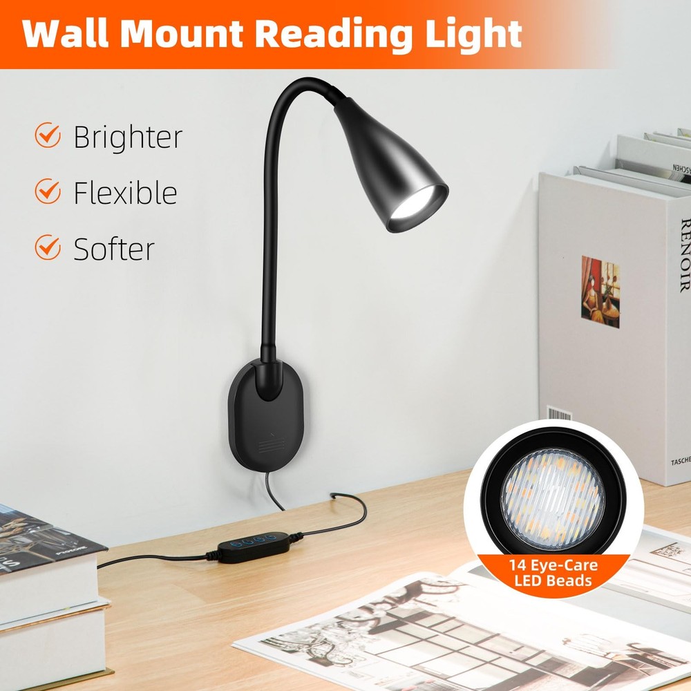Wall-Mounted LED Bedside Reading Light with USB Charging Port, 10-Level Dimma...