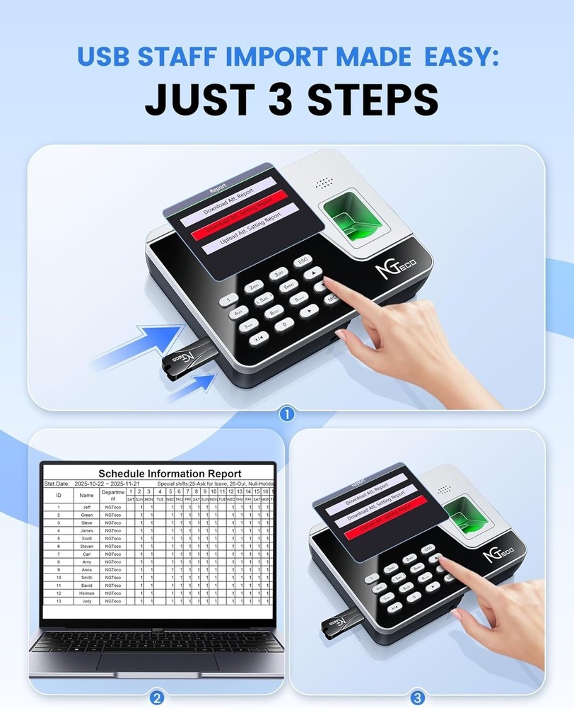 NGTeco - Fingerprint & PIN Time Clock/Standalone Biometric Punch Machine