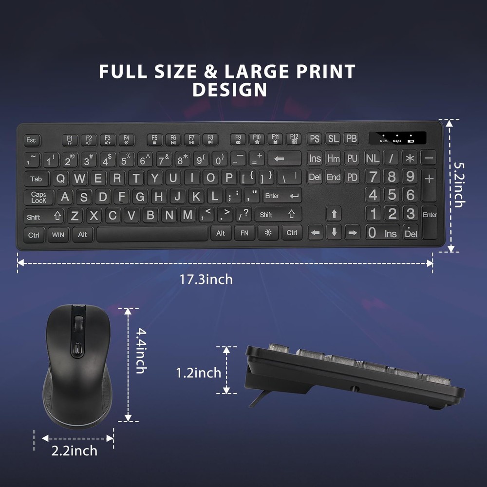 Wireless Keyboard and Mouse - Large Print Wireless Keyboard 2.4G Full Size Ke...