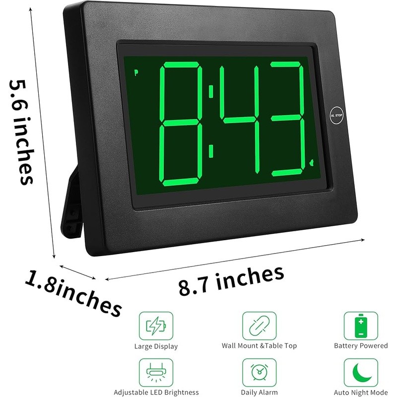 LED Digital Alarm Clock Battery Operated Wall Table Clock Adjustable Brightness