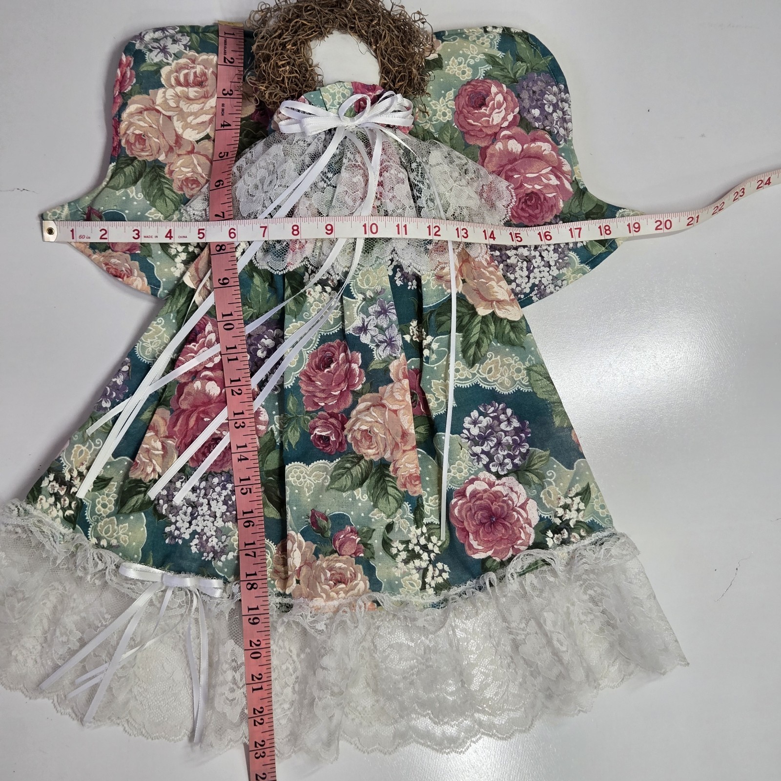 Vtg Hand Made Hanging Holy Angels Fabric Angel Floral Lace Fabric Christmas