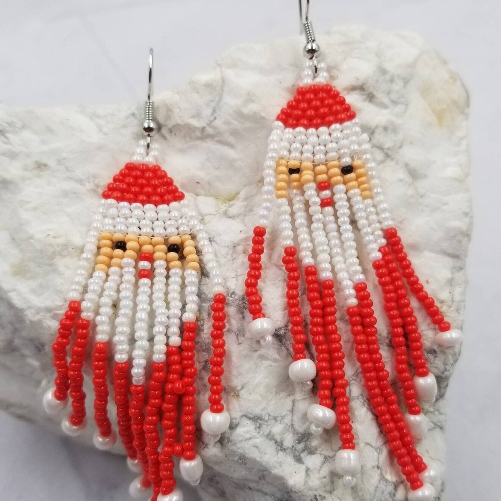 Santa Beaded Christmas Dangle Earrings Red White
