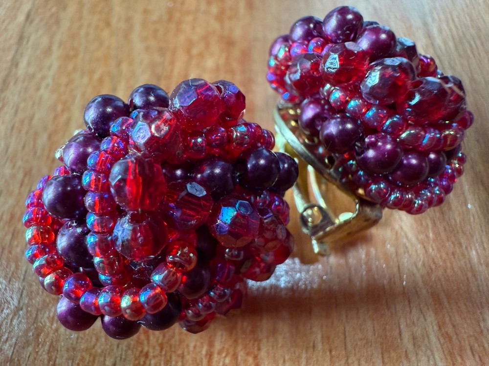 Pair Ruby Red Bead Knot Clip Earrings 7/8"dia.