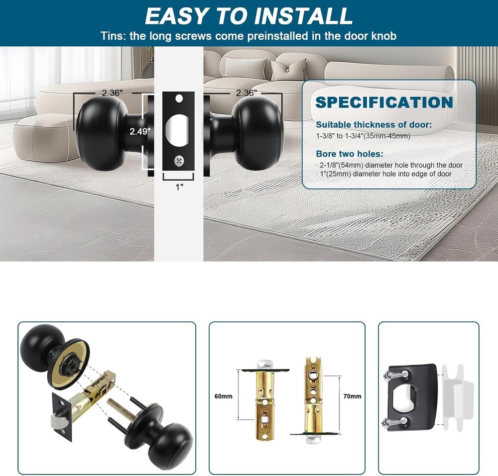 RAZCC 4-Pack Matte Black Passage Door Knobs, Interior Round Handles for Hallway/