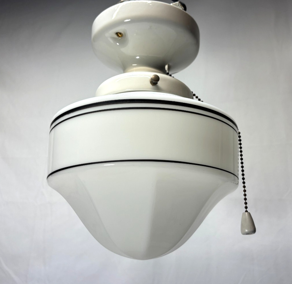 Vtg Porcelain Light Fixture Ceramic Ceiling Art Glass Shade Stripe USA #L99