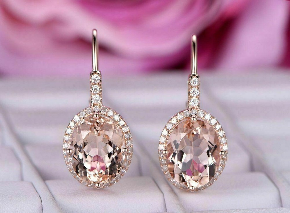4Ct Morganite Lab-Created Diamond Drop/Dangle Earrings Solid 14K Rose Gold Over