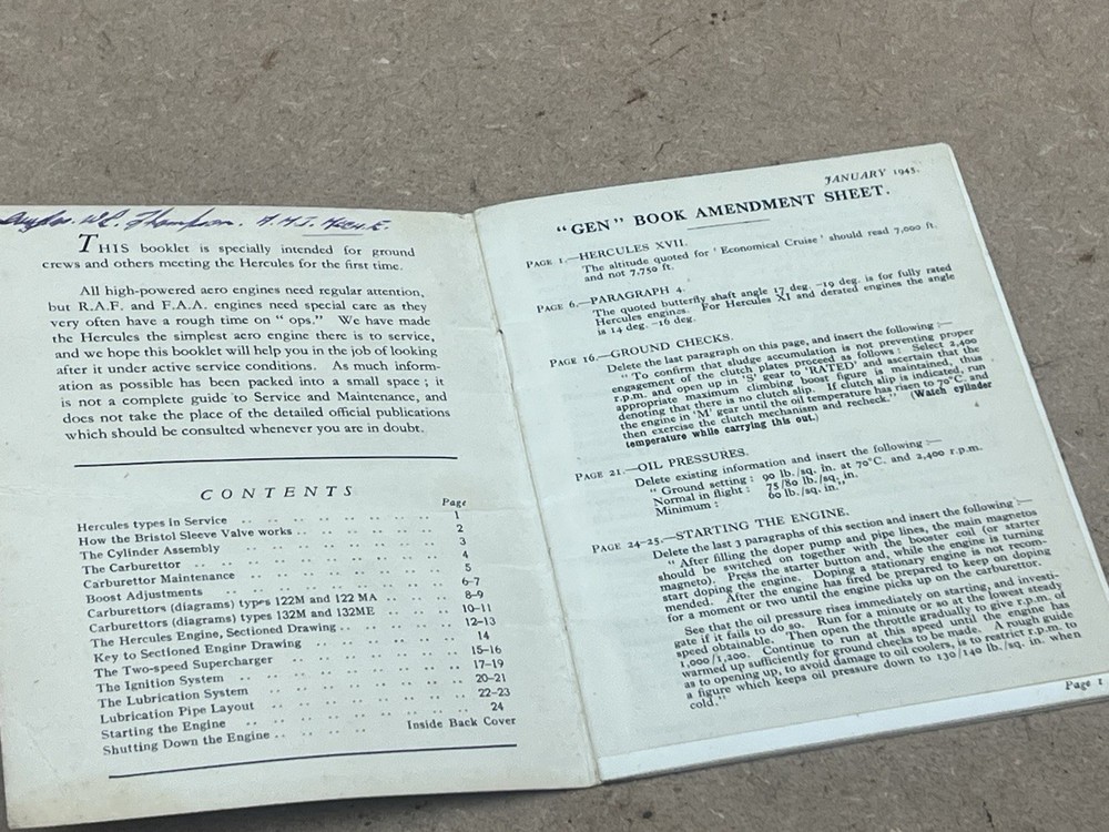 WW2 Bristol Hercules Aero Engine Descriptive Pocket Book