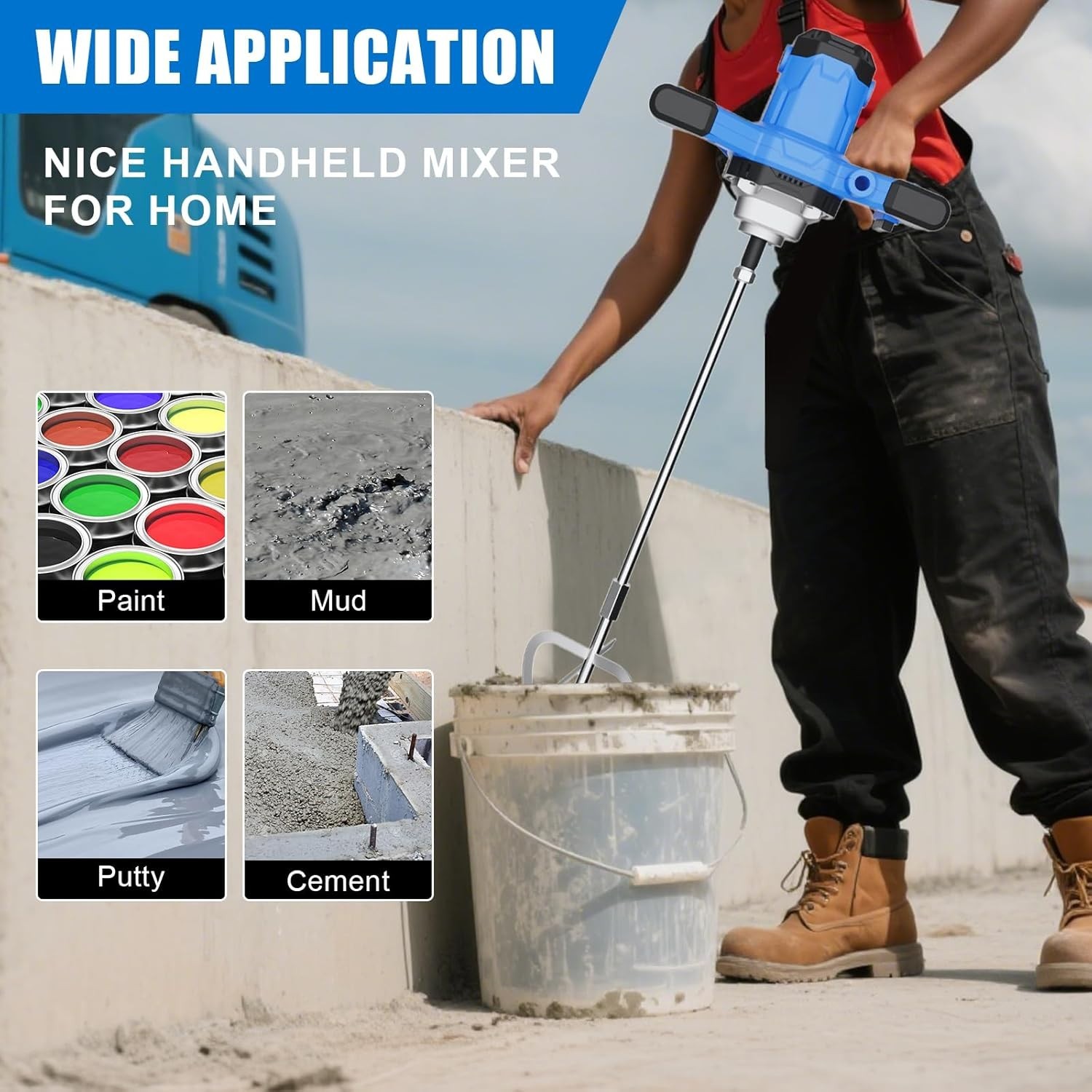 Handheld Concrete Mixer Cement 110V Portable Mud Mixer with 6 Adjustable Speed