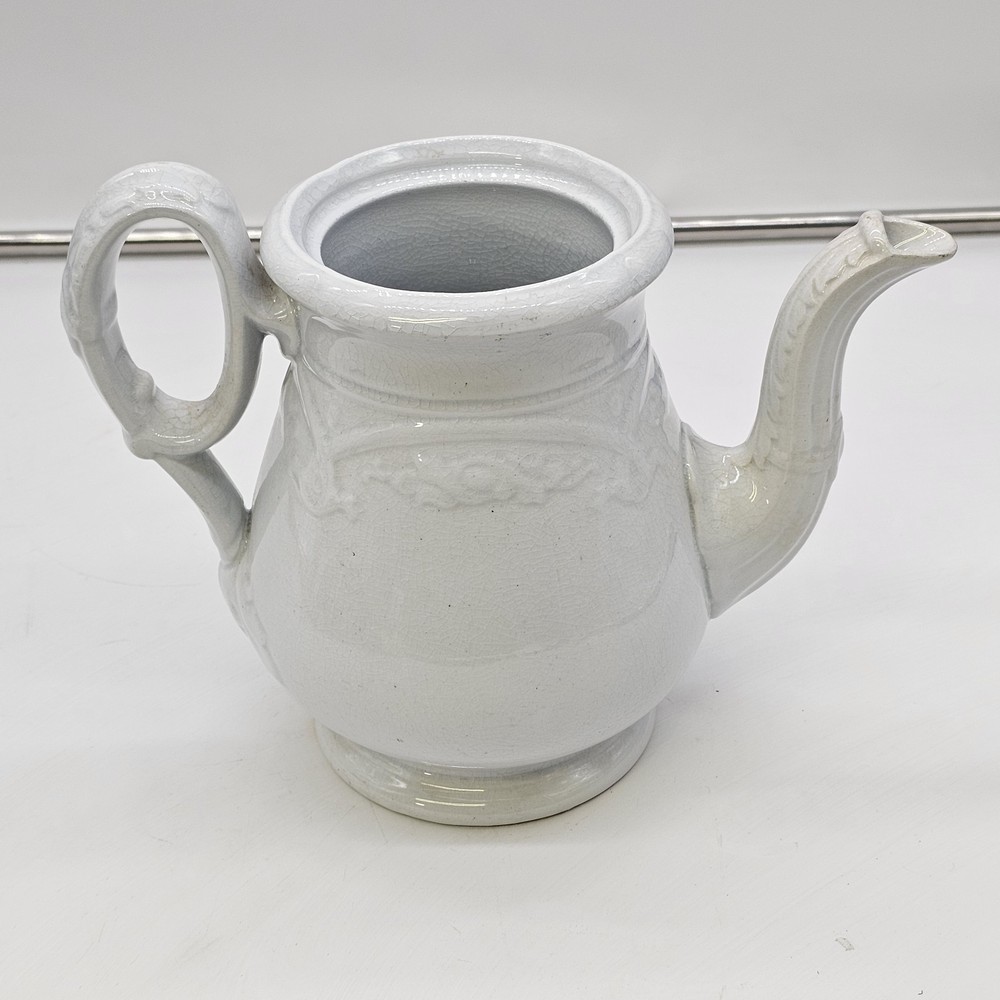 Early White Ironstone Teapot Molded Vine Like Scroll Relief Pattern