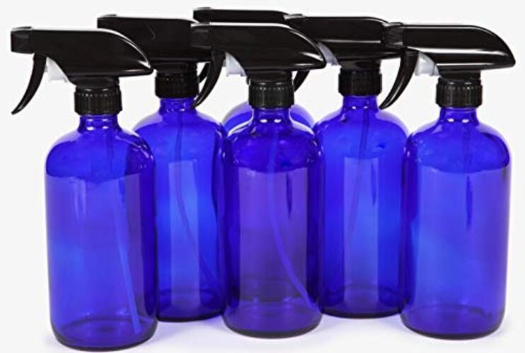, 6, Large, 16 oz, Empty, Cobalt Blue Glass Spray Bottles with Black Trigger