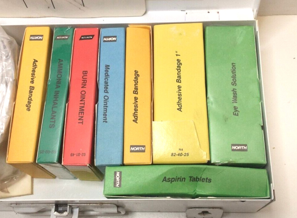 Vintage - North First Aid Kit - Metal Storage with Contents and 1st Aid Guide