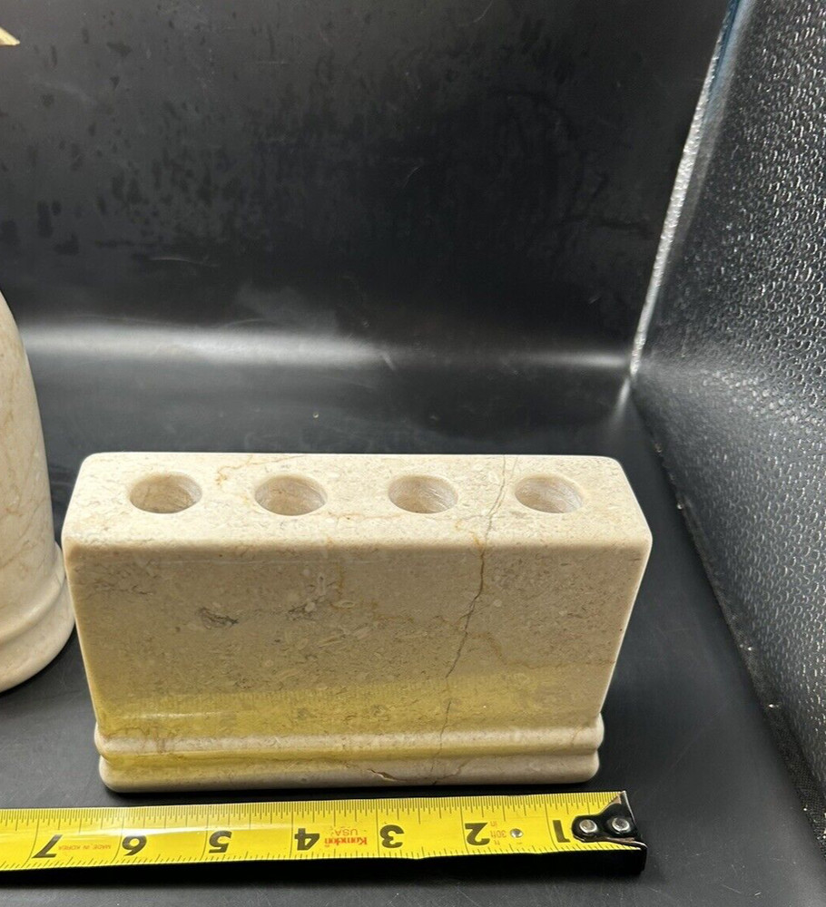 Frontgate Designer Solid Travertine Marble Toothbrush Holder & Lotion Dispenser