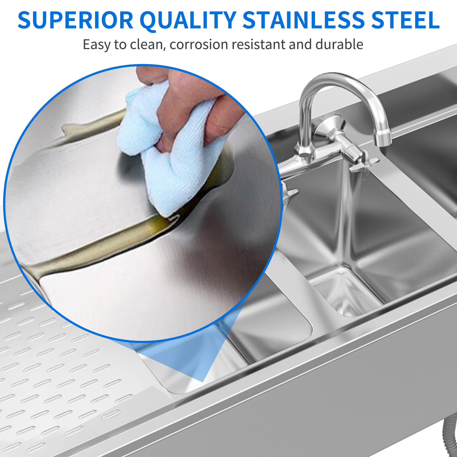 Freestanding Kitchen Sink 3 Compartment Stainless Steel Sink w/Double Drainboard