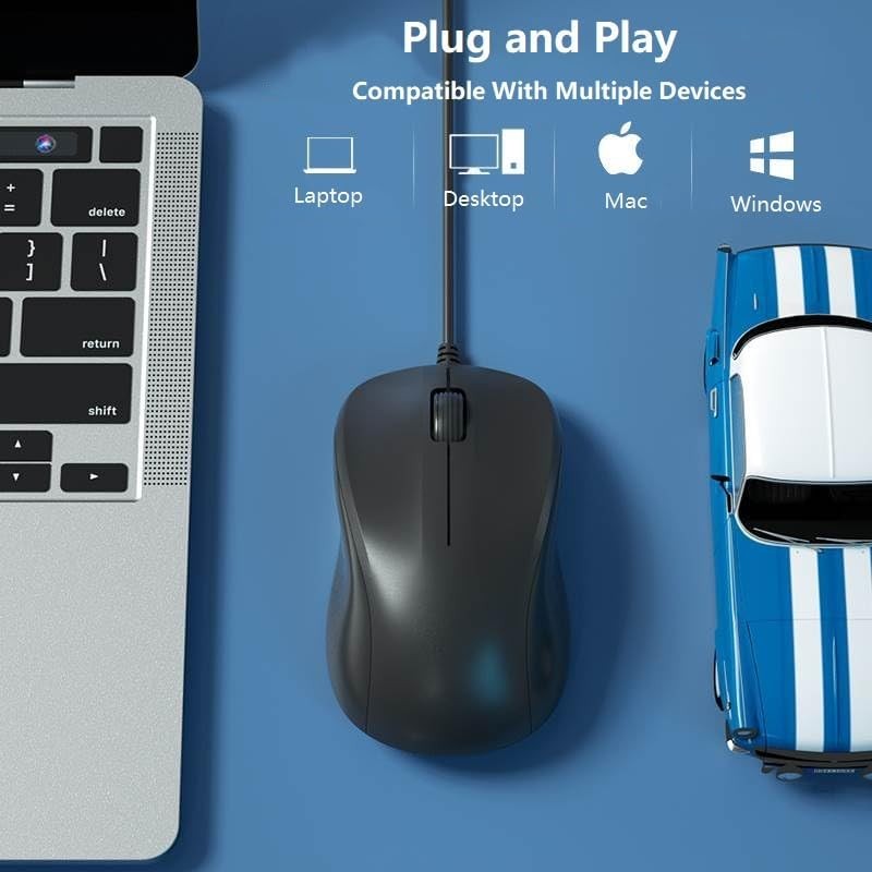 USB Silent Wired Computer Mouse Easy Click 1200DPI Portable Windows Black