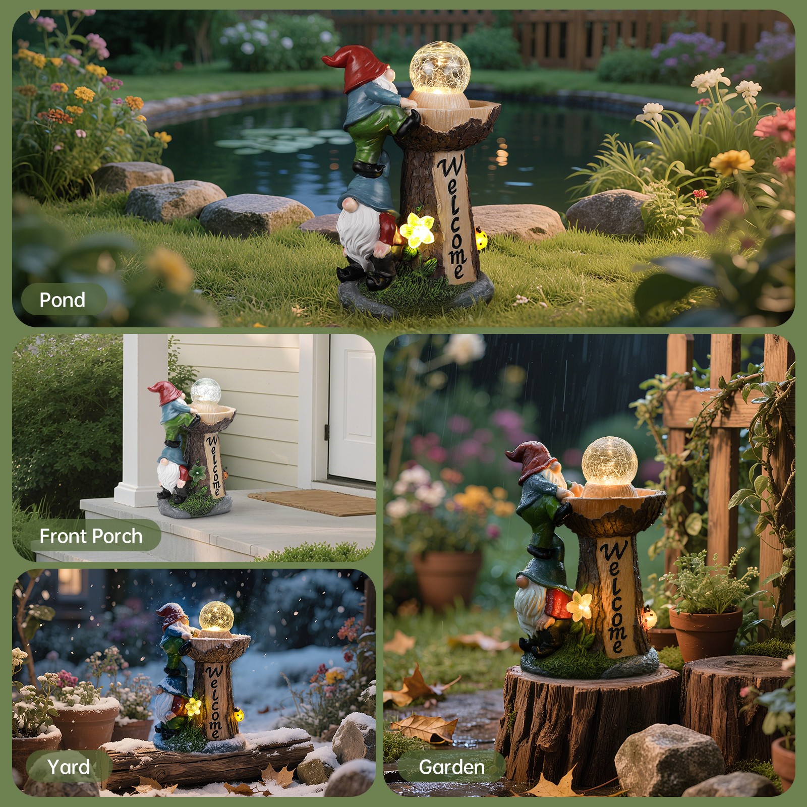 Solar-Powered Weatherproof Gnome Statue with Built-in LED Lights (Resin)