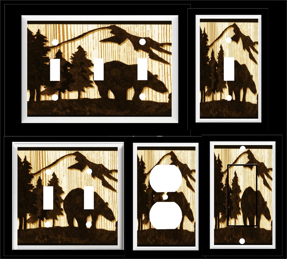 BEAR PINE TREE MOUNTAIN SILHOUETTE LIGHT SWITCH COVER PLATE  RUSTIC CABIN DECOR