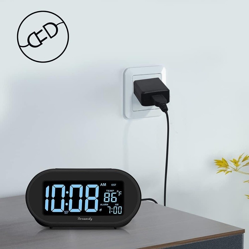 Auto Setting Alarm Clock W/ Dimmable Display USB Charging Dual Backup Battery