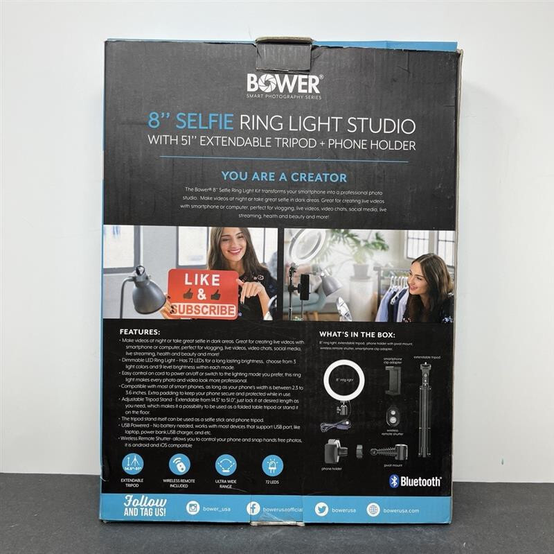 8‘’ Bower Selfie Ring Studio Light with 51" extendable Tripod + Phone Holder