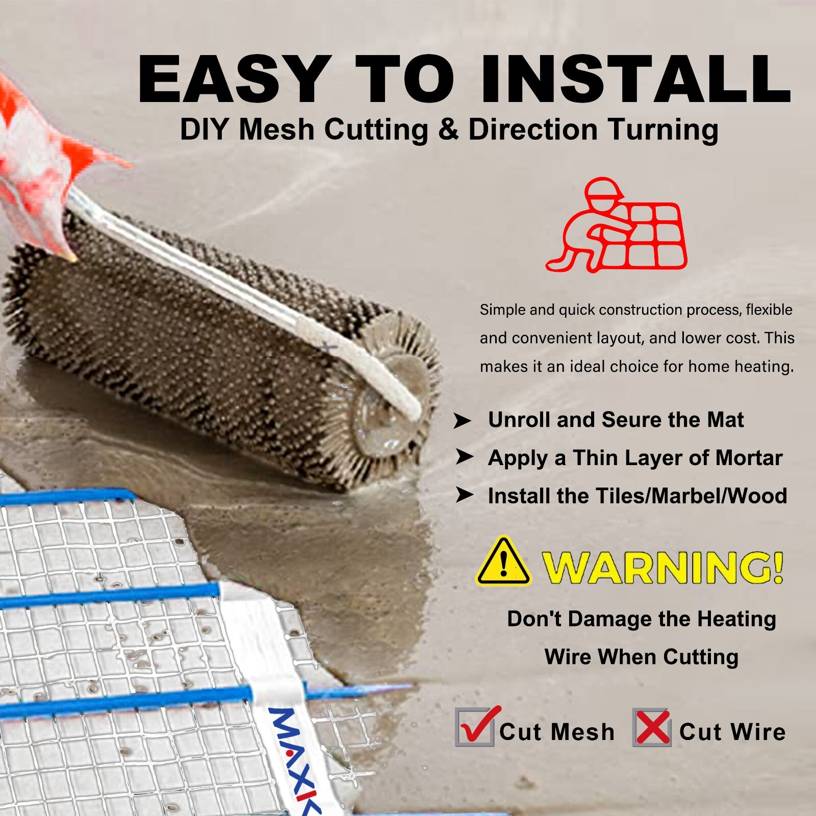 MAXKOSKO Electric Floor Heat Mat Kit, 120V Underfloor Radiant Heating System