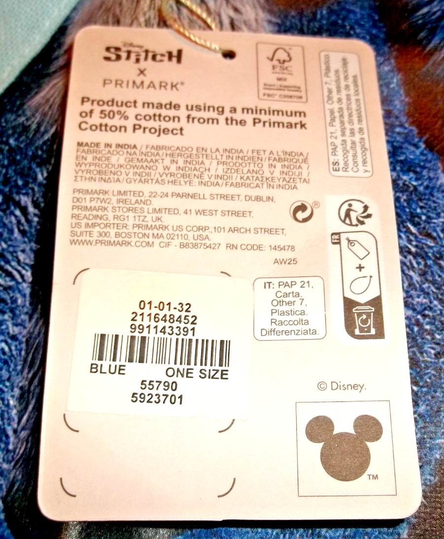 Primark Disney Stitch Extra Large Canvas Tote Bag Light Blue Cotton Blend 21x17