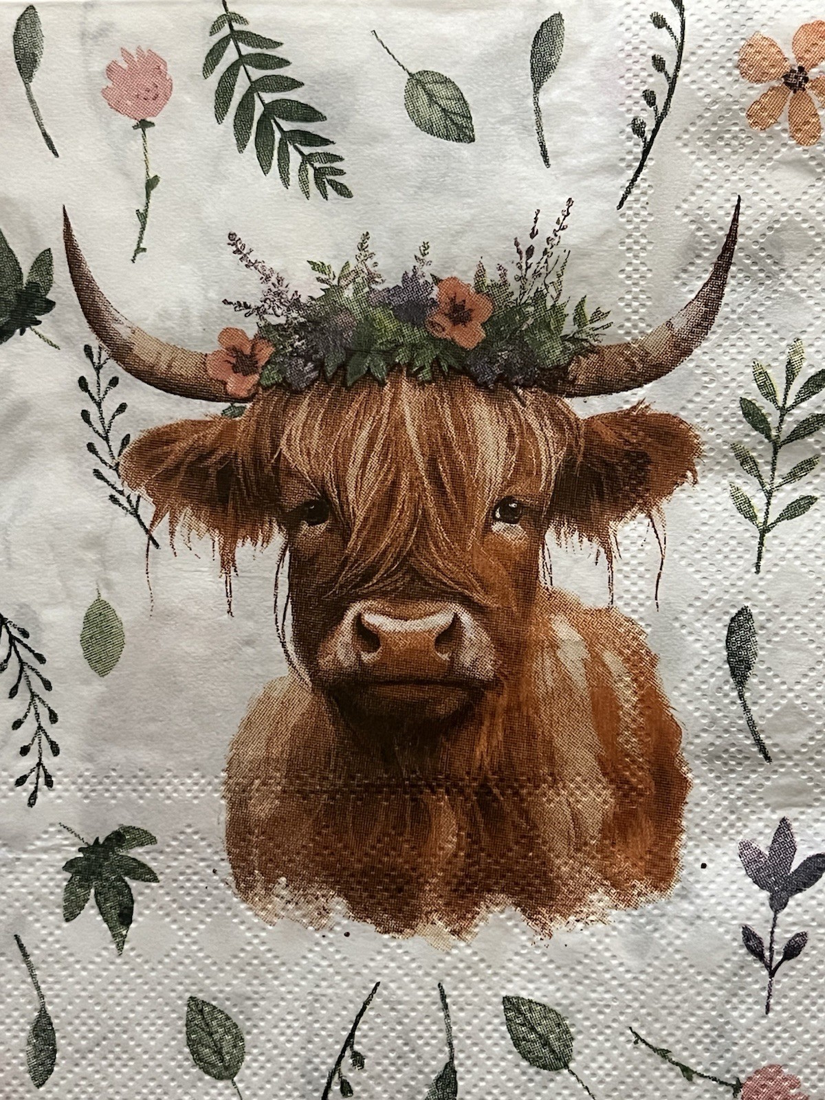 TWO Paper LUNCHEON Decoupage Craft Napkins Highland COW W/pine Cones/flowers