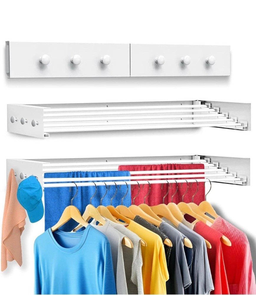 31.5" Wall Mounted Drying Racks for Laundry  Retractable Clothes Rack - white