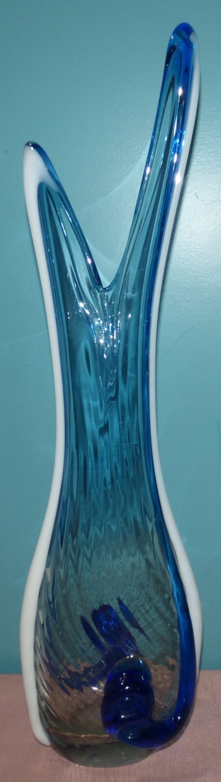 Large 26" MCM Swung Vase with Blue, White and Clear Glass