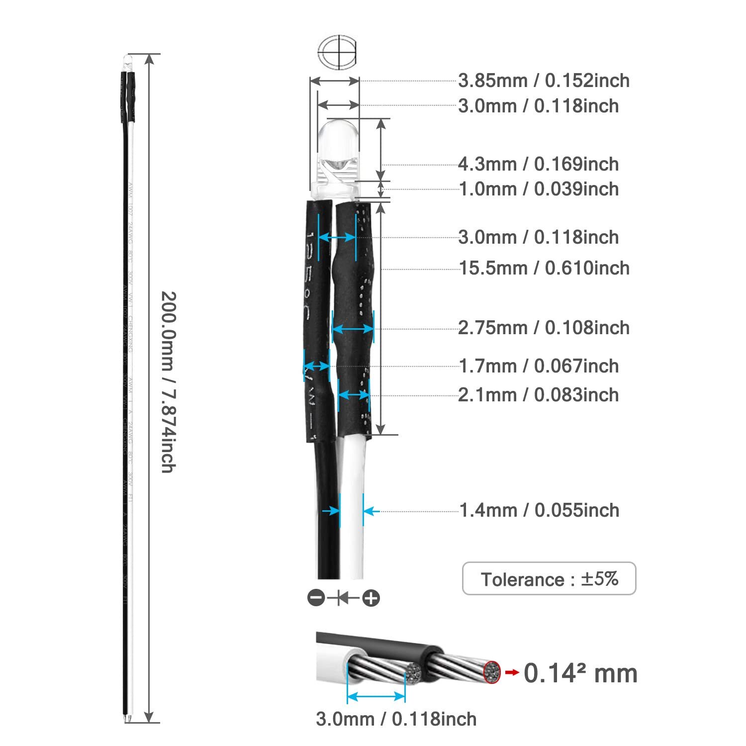 Hobby LED 8" Pre-Wired LEDs 3-12 Volt DC Pick COLOR + SIZE 1.8mm 3mm 5mm 10mm