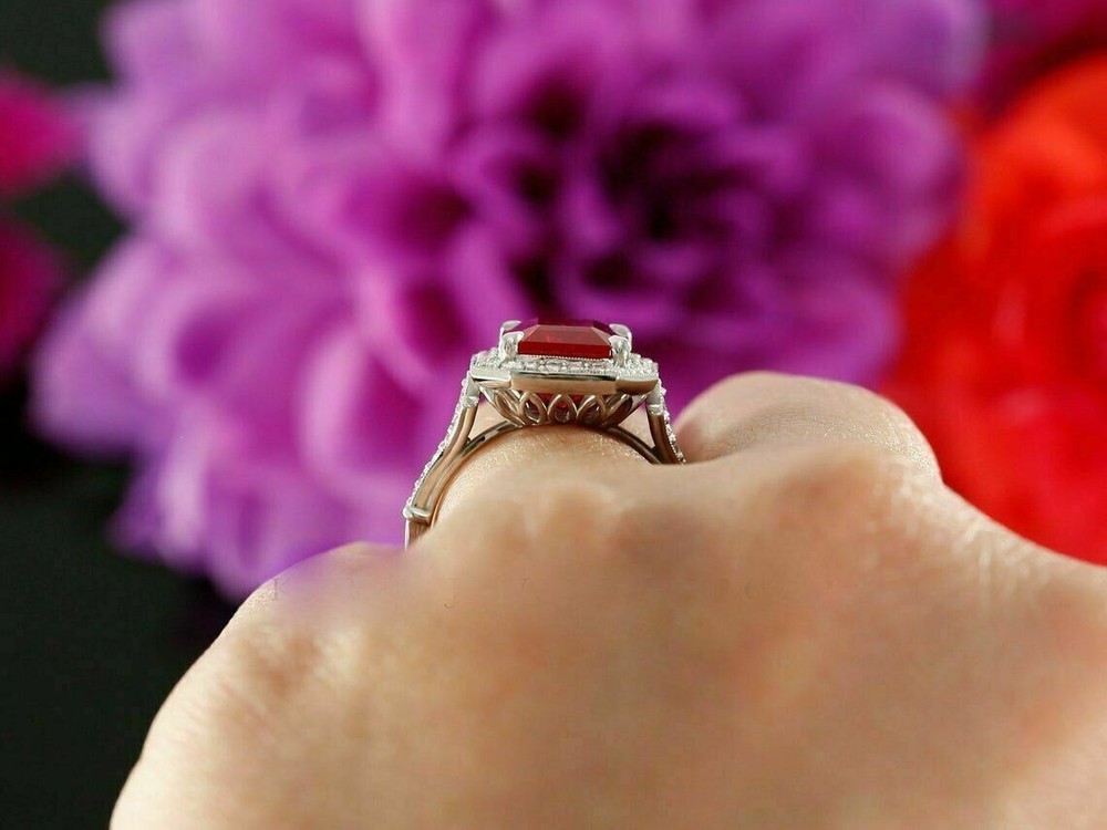 2.92 Ct Emerald Cut Natural Ruby Diamond Wedding Ring for her 14K White Gold