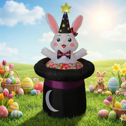 5 Ft Inflatable Easter Bunny in Magic Hat Yard Decoration, Cute Wizard Rabbit