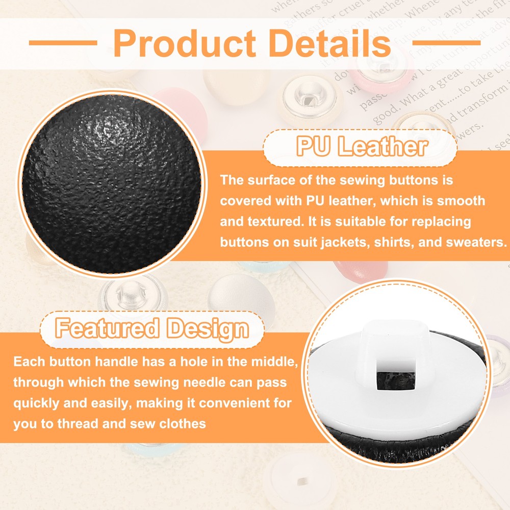 25pcs PU Leather Covered Button 15mm Plastic Shank Round Button, Black