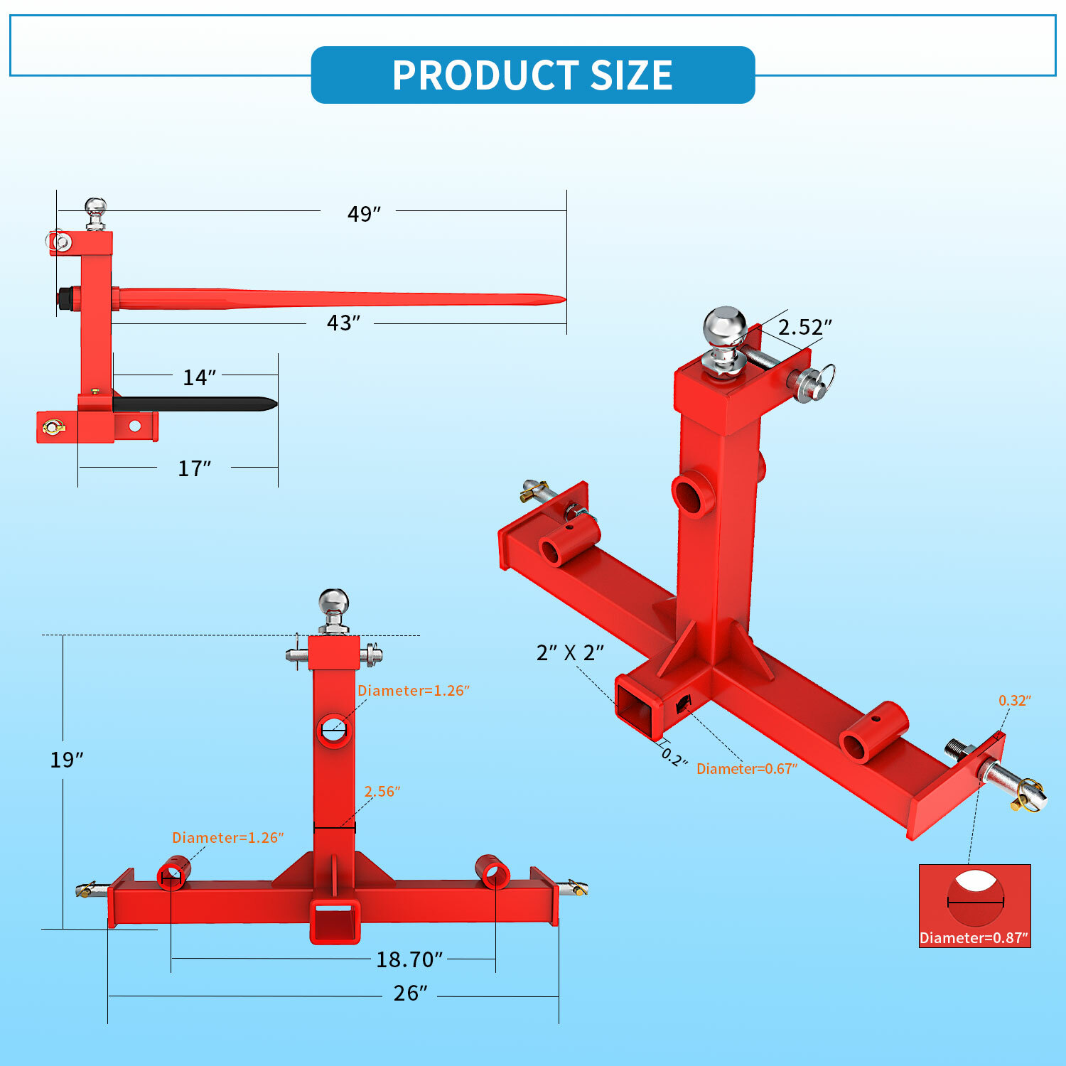 Cat 1 3 Point Hay Bale Spear Trailer Hitch Receiver with Ball