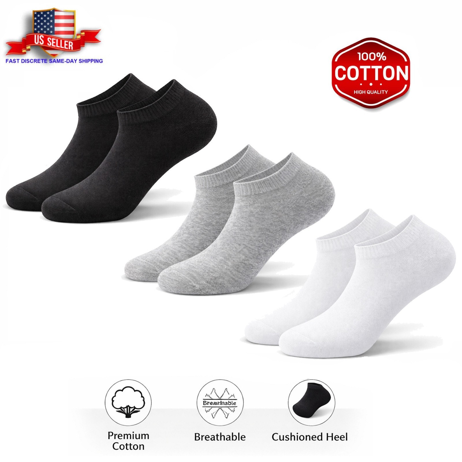 3-12 Pairs Mens Plain Solid Cotton Sports Ankle Athletic Socks Low Cut Size 8-12