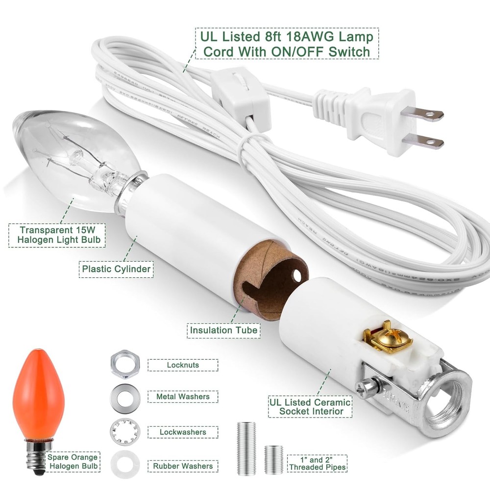 Ceramic Tree Lights - Night Light Rewire Kit with E12 Candelabra Base Socket Wir