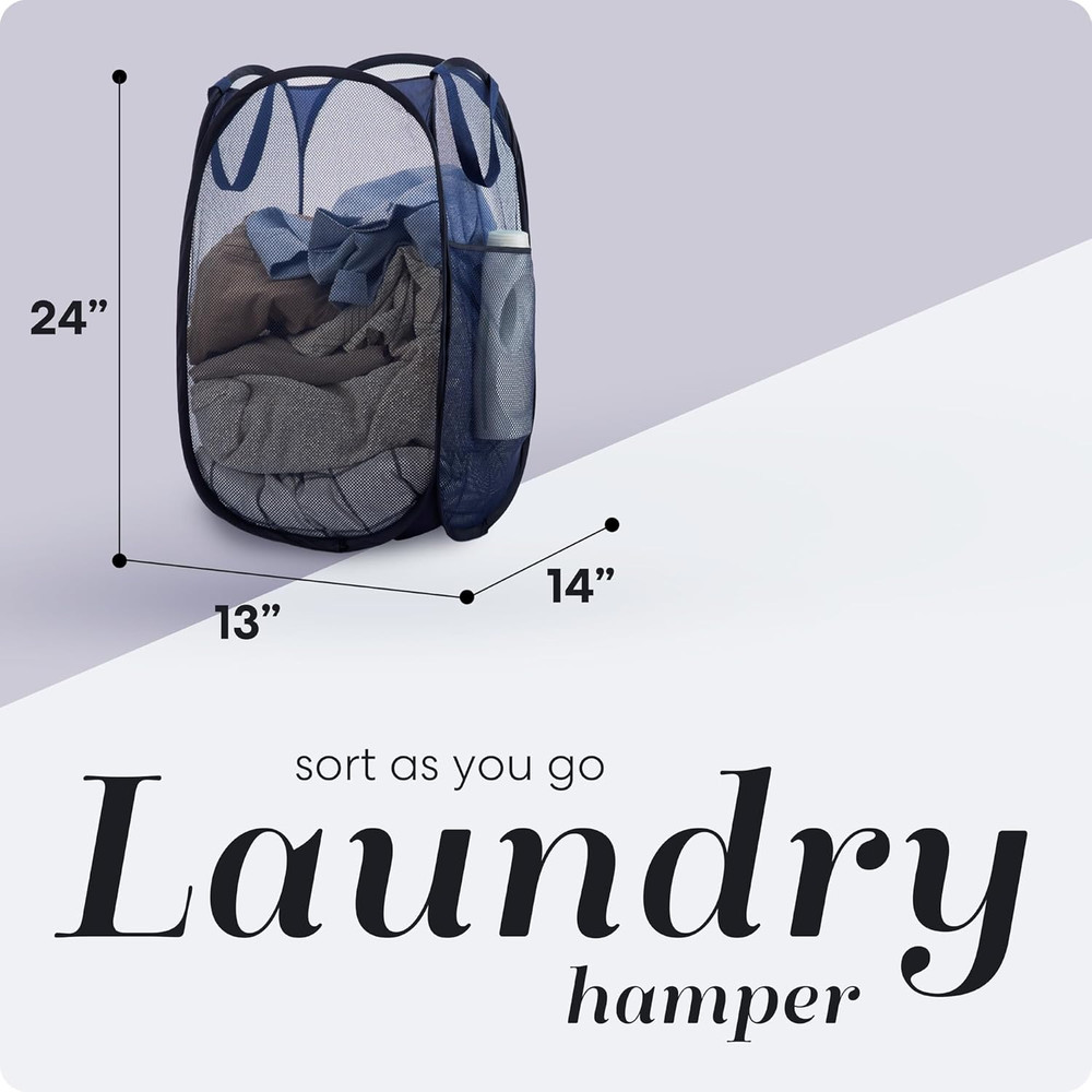 2 Pack Pop Up Laundry Hamper – Foldable Mesh Basket with Pocket, Blue, Portable
