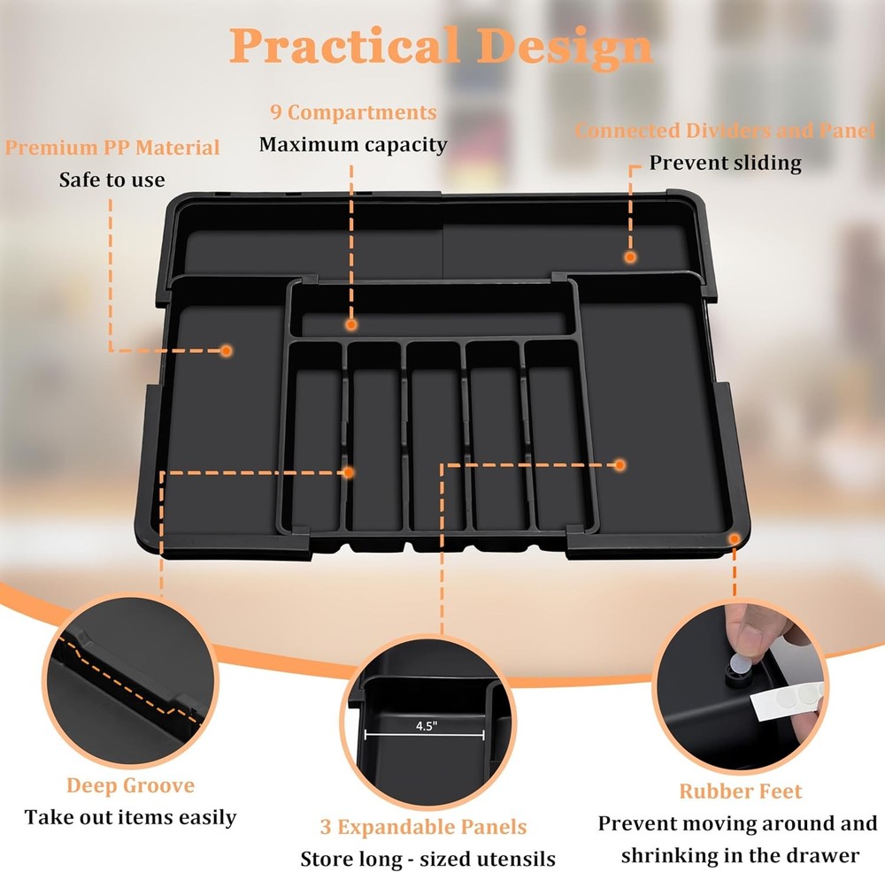 Silverware Organizer Expandable Kitchen Utensil Drawer Large Black