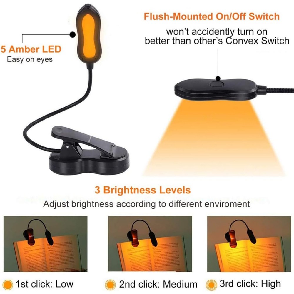 Amber Book Light, Rechargeable Blue Light Blocking Reading Light, Cli