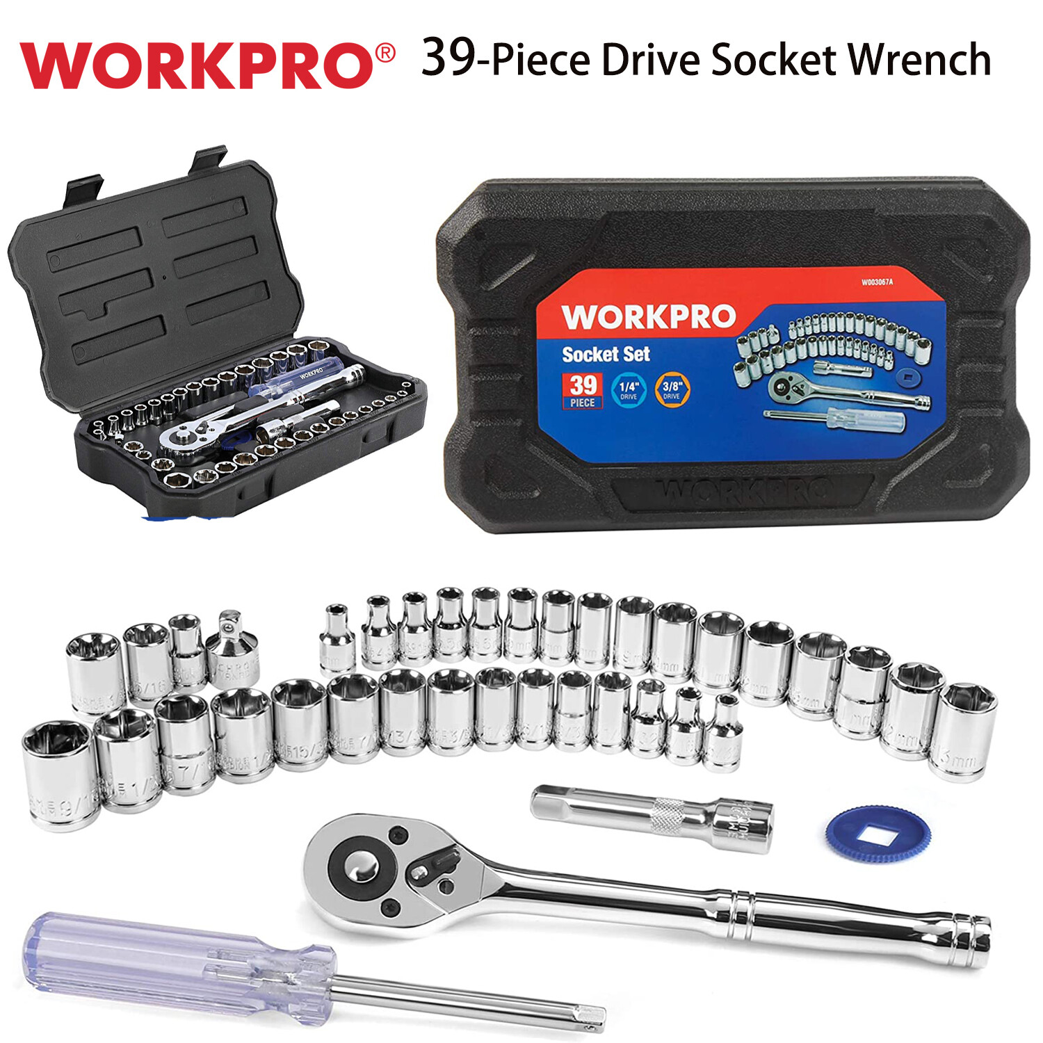WORKPRO 39PCS Drive Socket Set 1/4" 3/8" Socket Wrench Set Metric SAE With Case