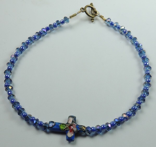 Blue Crystal & Blue Bead Anklet with  Cloisonne Cross  Handmade Jewelry