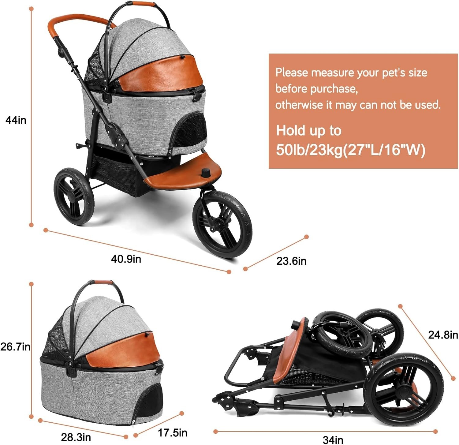 Pet Stroller with Detachable Carrier - Ideal for Small to Medium Dogs & Cats ...