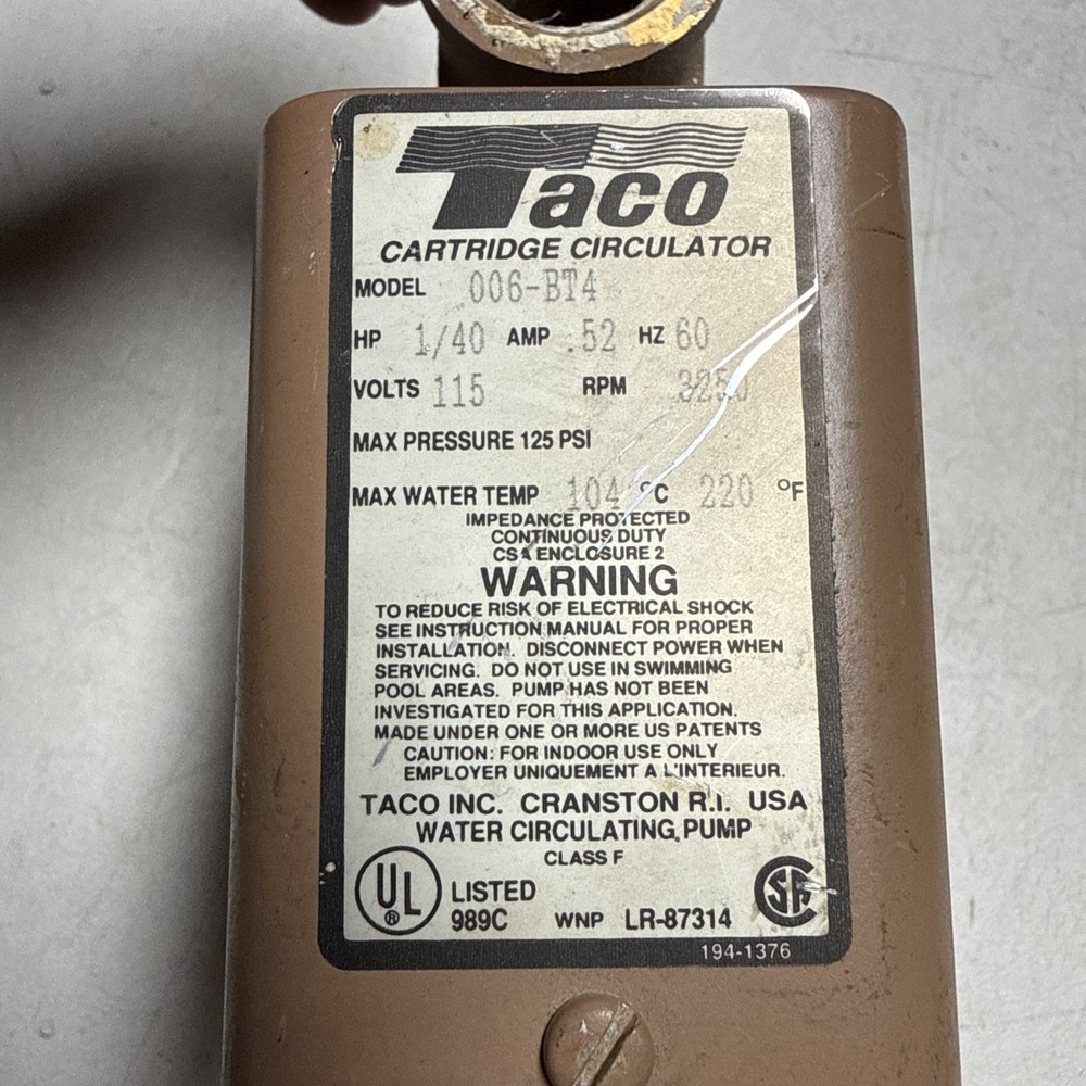 Taco Cartridge CIRCULATOR 006-BT4 Replacement