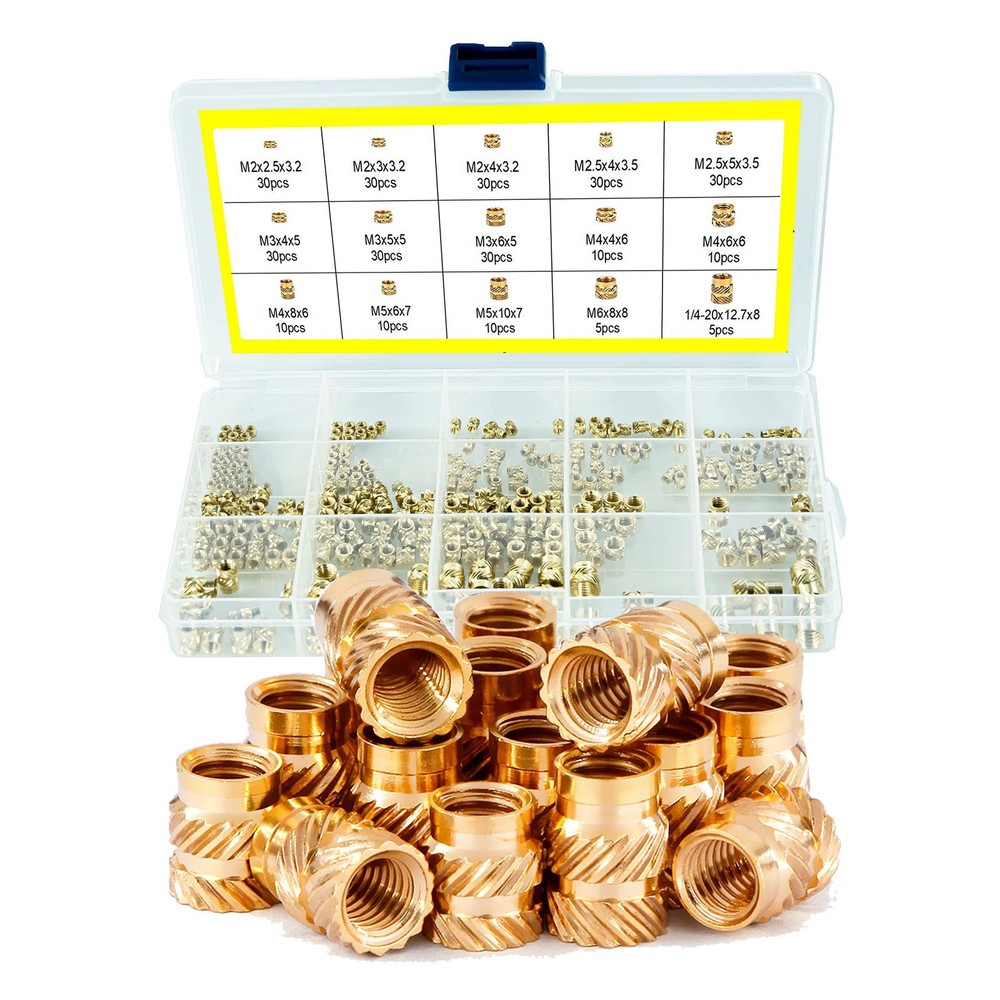 300Pcs  M2-M6 Thread Knurled Brass Threaded Insert Embedment Nut Kit+Plastic Box