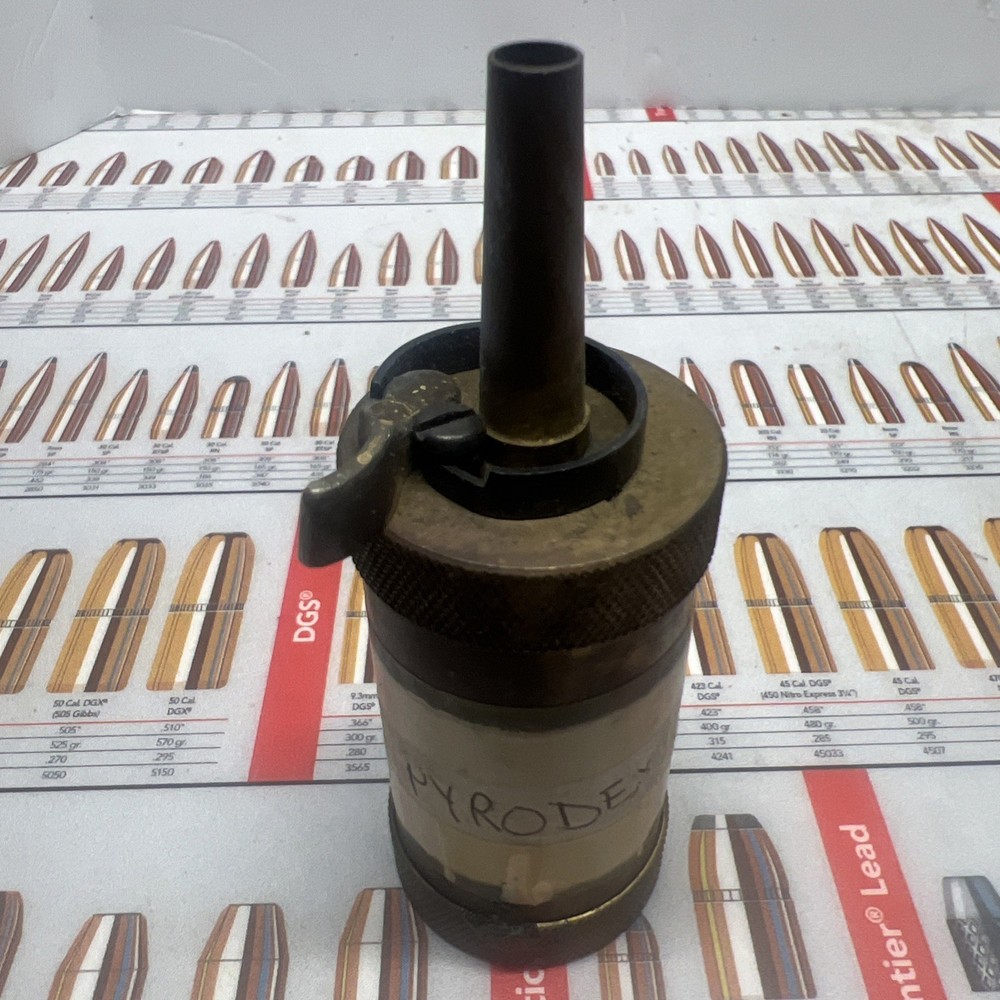 BRASS  PYRODEX RS ?   POWDER  FLASK   MUZZLELOADER  FLINTLOCK