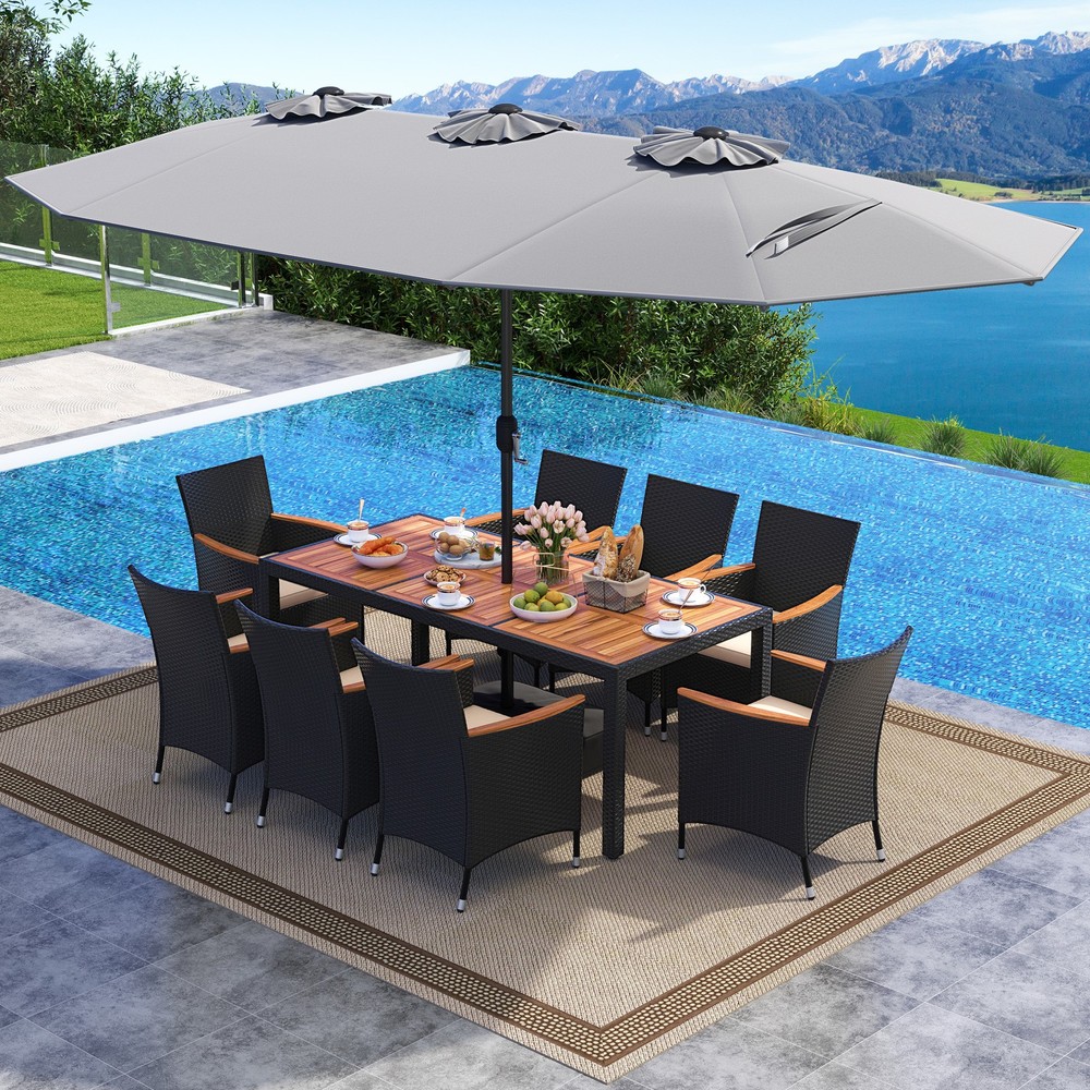 11 PCS Patio Wicker Dining Set w/Double-Sided Outdoor Umbrella 8 Stackable