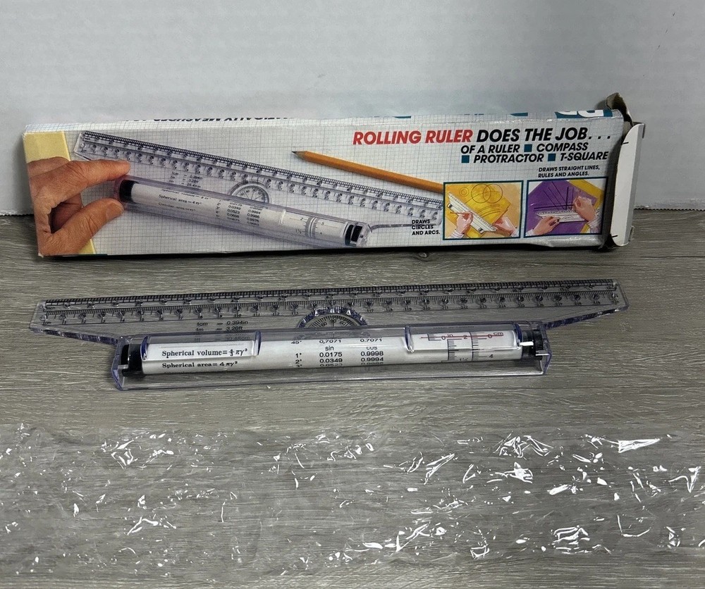 Vintage Rolling Ruler Compass Protractor T-Square Original Box Opened