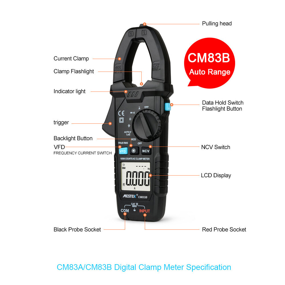 MESTEK Digital Clamp Meter 600A AC Current 600V AC/ Voltage Capacitance D3Q6