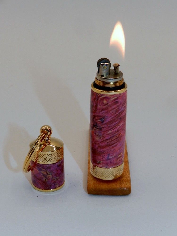Handmade Key Chain Lighter, replaceable flint. Made w/ Dyed Box Elder Burl. #41